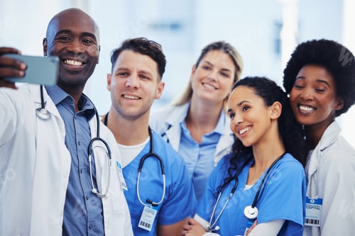 Preview: Healthcare, selfie and team of doctors at hospital, happy and proud, smile and bond on blurred back