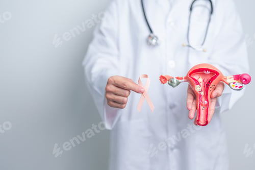 Preview: Doctor holding Peach ribbon with Uterus and Ovaries model for September Uterine Cancer Awareness