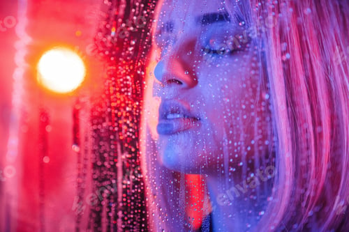 Preview: Feeling good, sensual look. Stylish woman with white hair is behind wet transparent plastic sheet