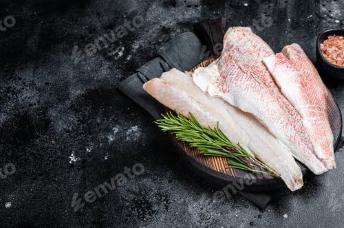 Preview: Fresh Raw red perch fillet, Snapper fish on a wooden board. Wooden background. Top view. Copy space