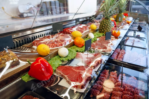 Preview: Fresh raw good quality meat on counter in Butcher shop
