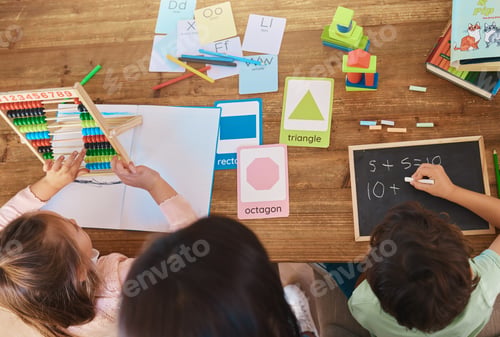 Preview: Learning, education and study with family at table from above for homework, home schooling and chil
