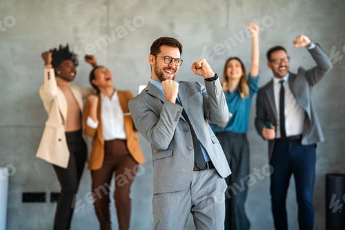 Preview: Excited overjoyed diverse business people, team celebrate corporate victory together in office