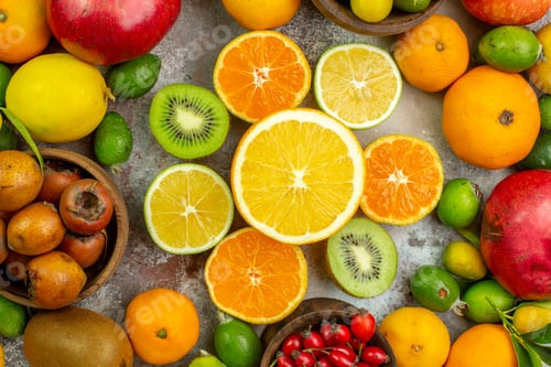 Preview: top view fresh fruits different mellow fruits on white background tree tasty photo ripe diet color