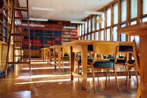 Preview: Tables and chairs in a library without people.