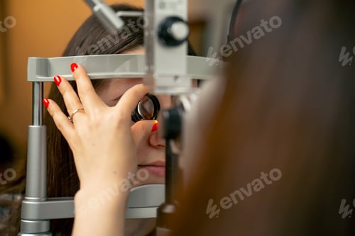 Preview: in an ophthalmology clinic young doctor diagnoses a young girl with a magnifying lens