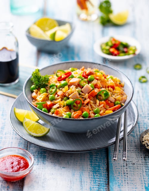 Preview: Asian Fried Rice, Cantonese Cuisine. Blue Wooden Background.