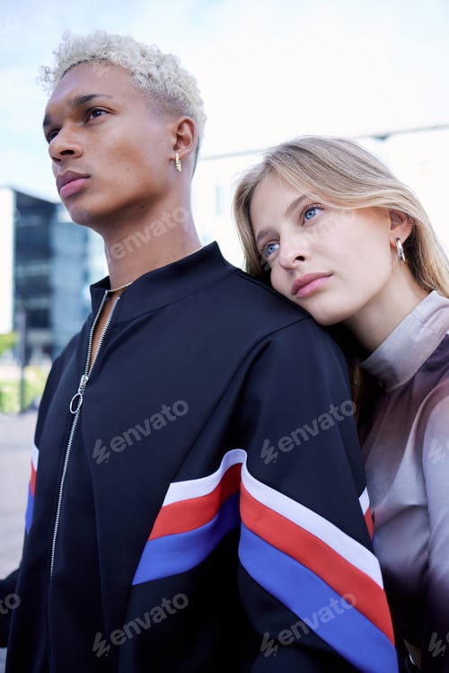 Preview: Couple love, serious and street fashion modern gen z or edgy millenial style in city together. Youn