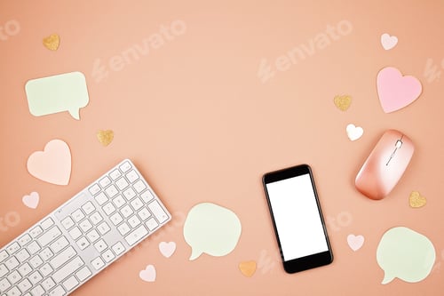 Preview: Social media concept flatlay with keyboard, phone, mouse