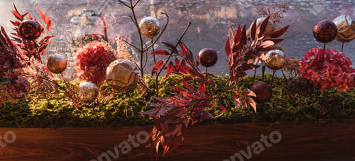 Preview: Red Christmas decorations on window, web banner.