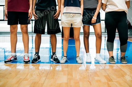 Preview: Group of young teenager friends on a basketball court standing in a row