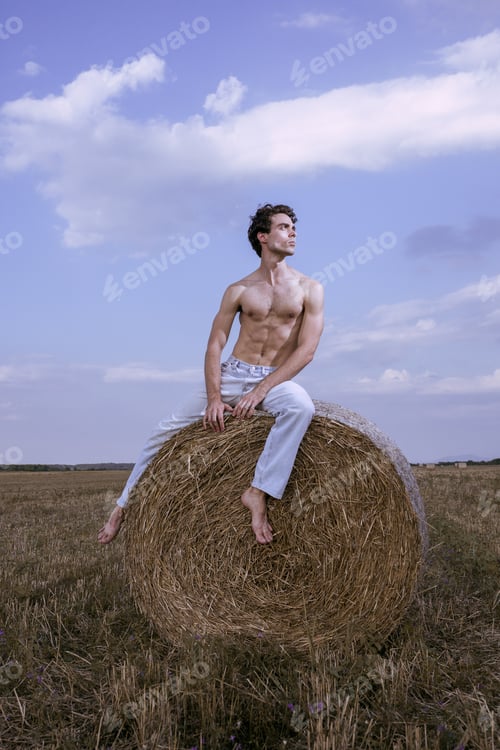 Preview: Handsome Shirtless Young Man, With Perfect Muscled Body, Sitting On Haystack, Outdoors, On Field.