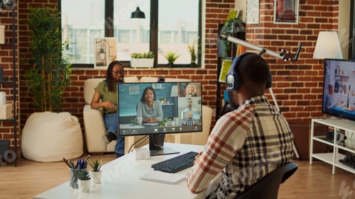 Preview: African american man attending online class meeting