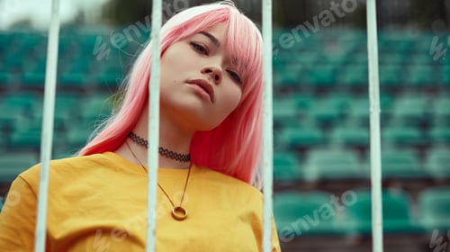 Preview: Trendy hipster behind fence on stadium