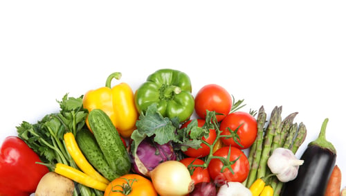 Preview: Many fresh ripe vegetables on white background, top view. Space for text
