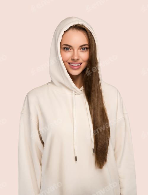 Preview: Woman portrait casual sport style natural studio female long smooth hair color background pink
