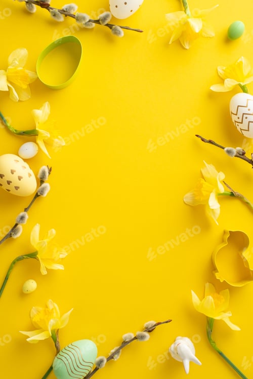 Preview: Easter-inspired vertical arrangement of eggs and flowers on a yellow background