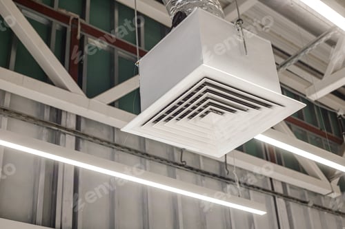 Preview: Square grid with supply ventilation duct in commercial building. Industrial ventilation system