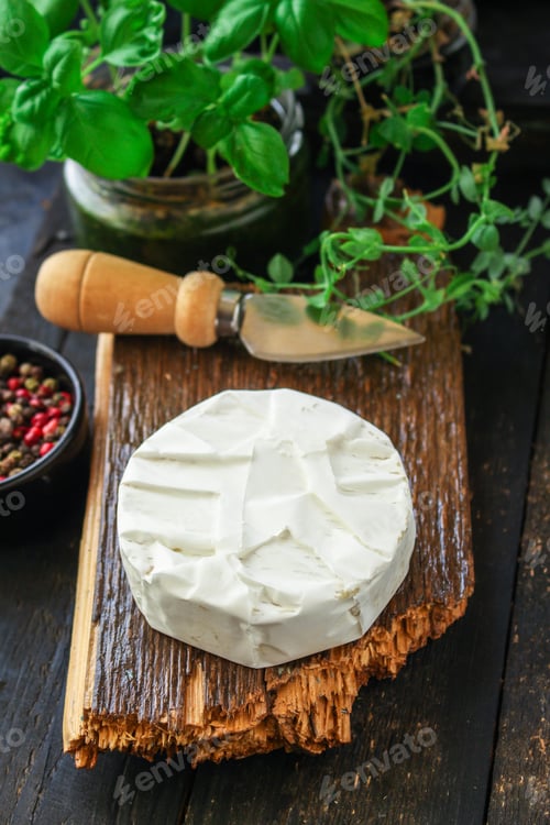 Preview: Cheese Camembert Or Brie Menu Concept. Food Background Top View Copy Space For Text Keto Or Paleo