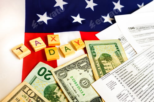 Preview: Composition on the day of tax payment in April with banknotes and tax form.