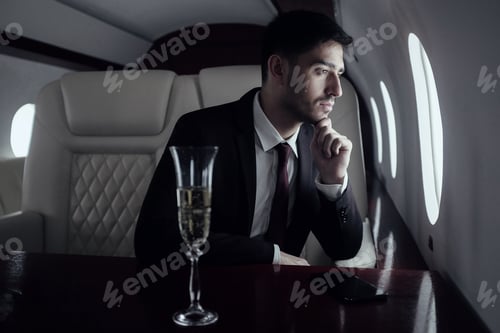 Preview: Young handsome business man flying first class