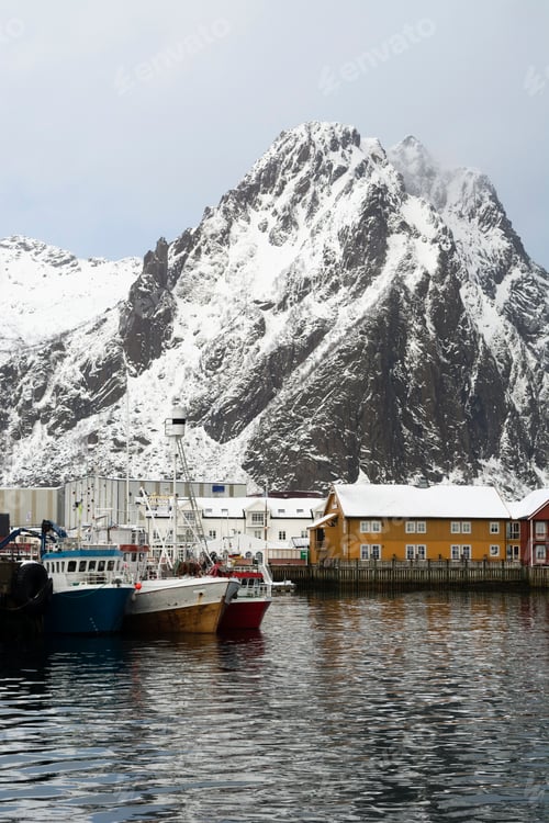 Preview: View of harbour and snow capped mountains, Svolvaer, Lofoten Islands, Norway