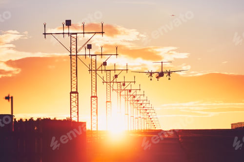 Preview: Airplane landing at the sunset