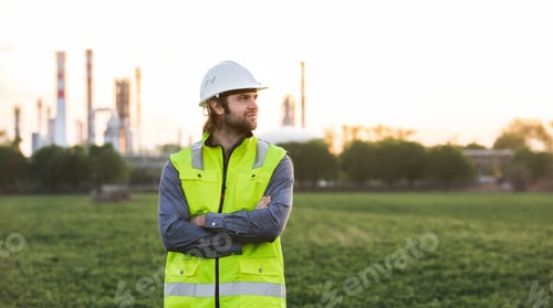 Preview: Young engineer standing outdoors by oil refinery, arms crossed
