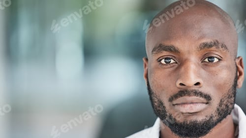 Preview: Business, travel and portrait of black man in a city with confidence, attitude and mindset on blurr