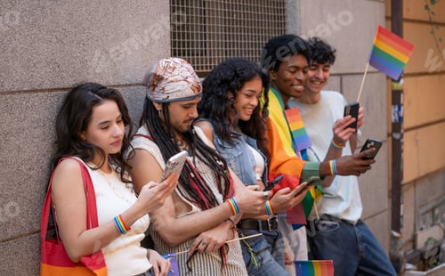 Preview: Group of activists using smartphones during a lgbtq event, showing support and community