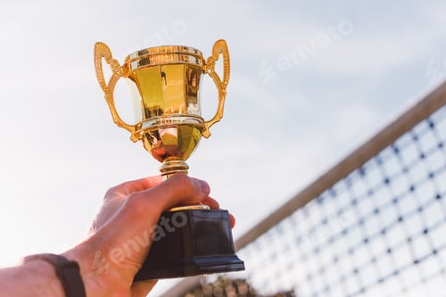 Preview: Golden cup in hand of sport competition winner with play net on background