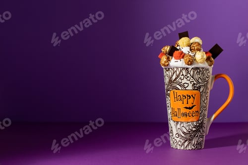 Preview: Halloween freak shake in tall mug on purple background with shadow.
