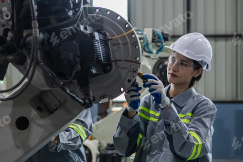 Preview: Engineers woman maintenance robotic arm. Female technician industrial checking robot machine.