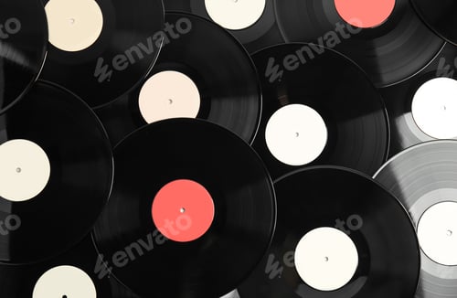 Preview: Many different vintage vinyl records as background, top view