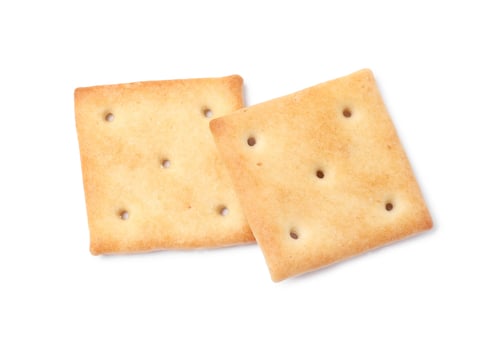 Preview: Two crispy crackers isolated on white, top view. Delicious snack