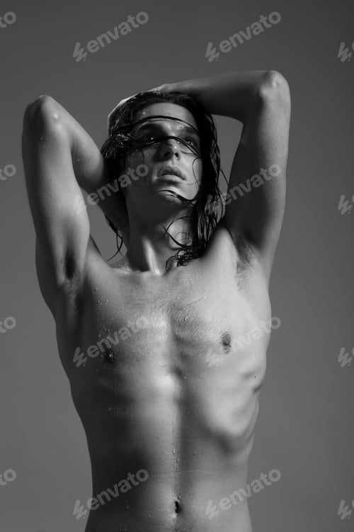 Preview: Fashion Photography Nude Body Young Man Model Wet Long Hair Studio