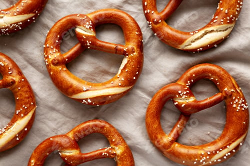 Preview: Homemade Bavarian-Style Soft Pretzels with Salt and Beer, top view.