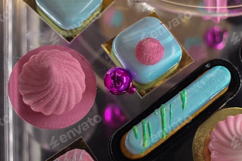 Preview: Mousse cakes and eclairs in a New Year's pastry shop window.