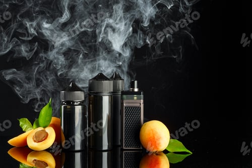 Preview: Vape and smoking liquid with fruit against black background with smoke