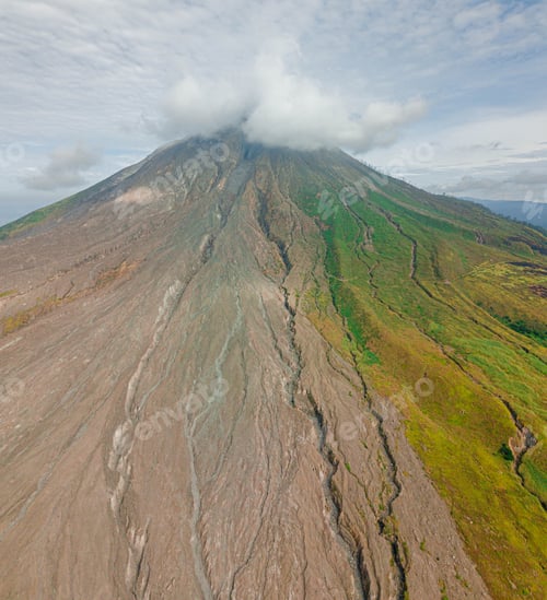 Preview: Aerial drone view of Mount Sinabung at Berastagi in North Sumatra, Indonesia.
