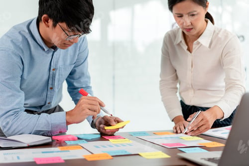 Preview: Business executive team brainstorm and takes notes on keyword about a new business project
