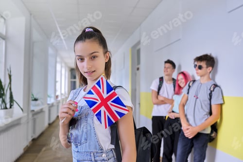 Preview: Teenager student with British flag, school corridor group of students background