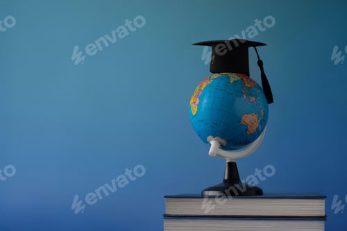 Preview: A globe wearing a black graduation cap on a stack of books.
