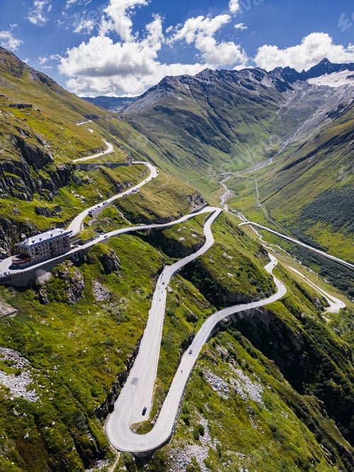 Preview: Drone shot of Swiss Mountain Roads, The Furka Pass and Susten Pass next to the Rhone Glacier