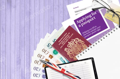 Preview: English violet guide Applying for a passport lies on table with office items