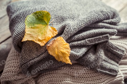 Preview: a stack of sweaters and autumn leaves