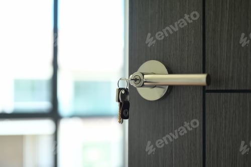 Preview: Open door to with keys of new home. New home, real estate, investment, property and mortgage concept