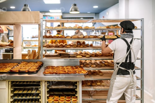 Preview: Latino baker shelving freshly baked bread