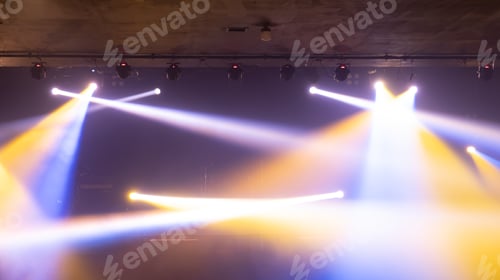 Preview: Empty stage concert with lighting laser beam spotlight show in disco pub club bar for party music