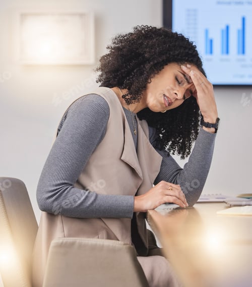 Preview: Corporate black woman, headache and tired in office for meeting, finance budget or accounting prese